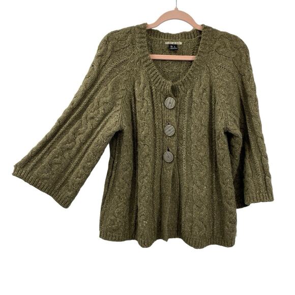 Mac & Jac Chunky Cardigan Sweater Women size Large Green Wool Blend Wide Sleeves - Picture 1 of 7